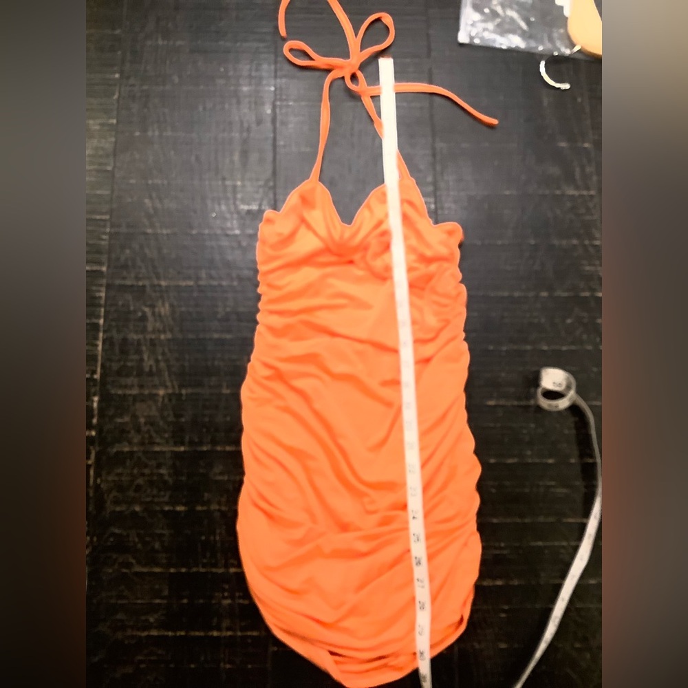 Orange Ruched Halter Mesh Dress - Picture 4 of 6